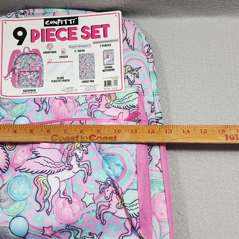 UNICORN 9 piece Set Backpack With Clear Pouch School Accessories Confetti NWT